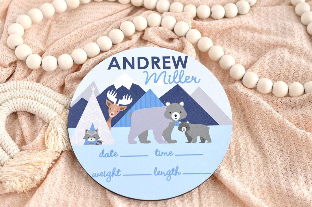 Mountain Trail Birth Announcement Sign for Hospital, Personalized Baby Sign with Birth Stat, Wooden Hospital Announcement Baby Name Sign