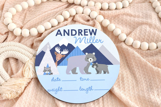 Mountain Trail Birth Announcement Sign for Hospital, Personalized Baby Sign with Birth Stat, Wooden Hospital Announcement Baby Name Sign