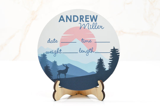 Mountain Sunset Birth Announcement Sign for Hospital, Personalized Baby Sign with Birth Stats, Wooden Hospital Announcement Baby Name