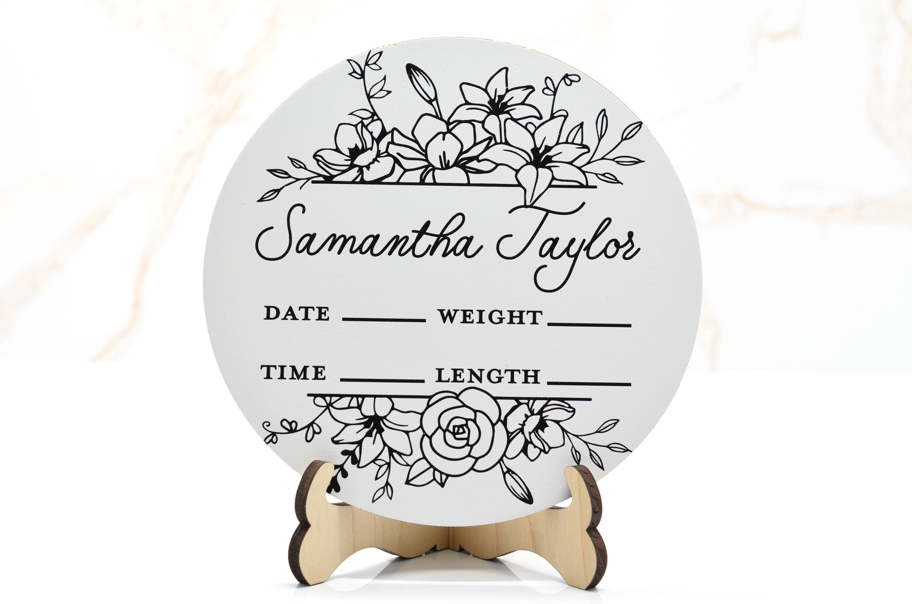 Black White Flowers Birth Announcement Sign for Hospital, Personalized Baby Sign with Birth Stats, Wooden Hospital Announcement Baby Name