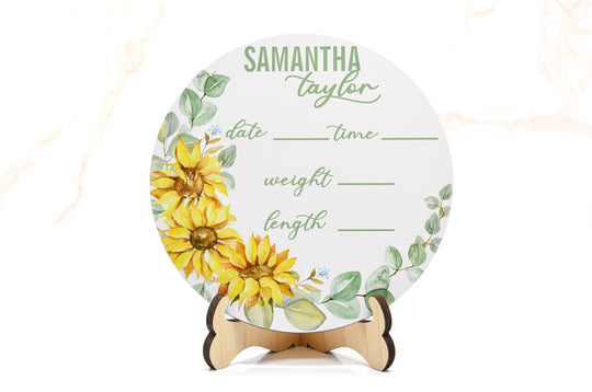 Watercolor Sunflowers Birth Announcement Sign for Hospital, Personalized Baby Sign with Birth Stats, Wooden Hospital Announcement Baby Name