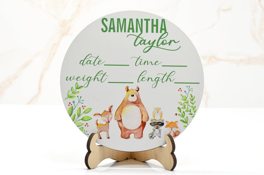 Woodland Creatures Birth Announcement Sign for Hospital, Personalized Baby Sign with Birth Stats, Wooden Hospital Announcement Baby Name