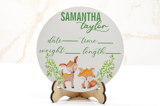 Deer & Fox Birth Announcement Sign for Hospital, Personalized Baby Sign with Birth Stat, Wooden Hospital Announcement Baby Name Sign