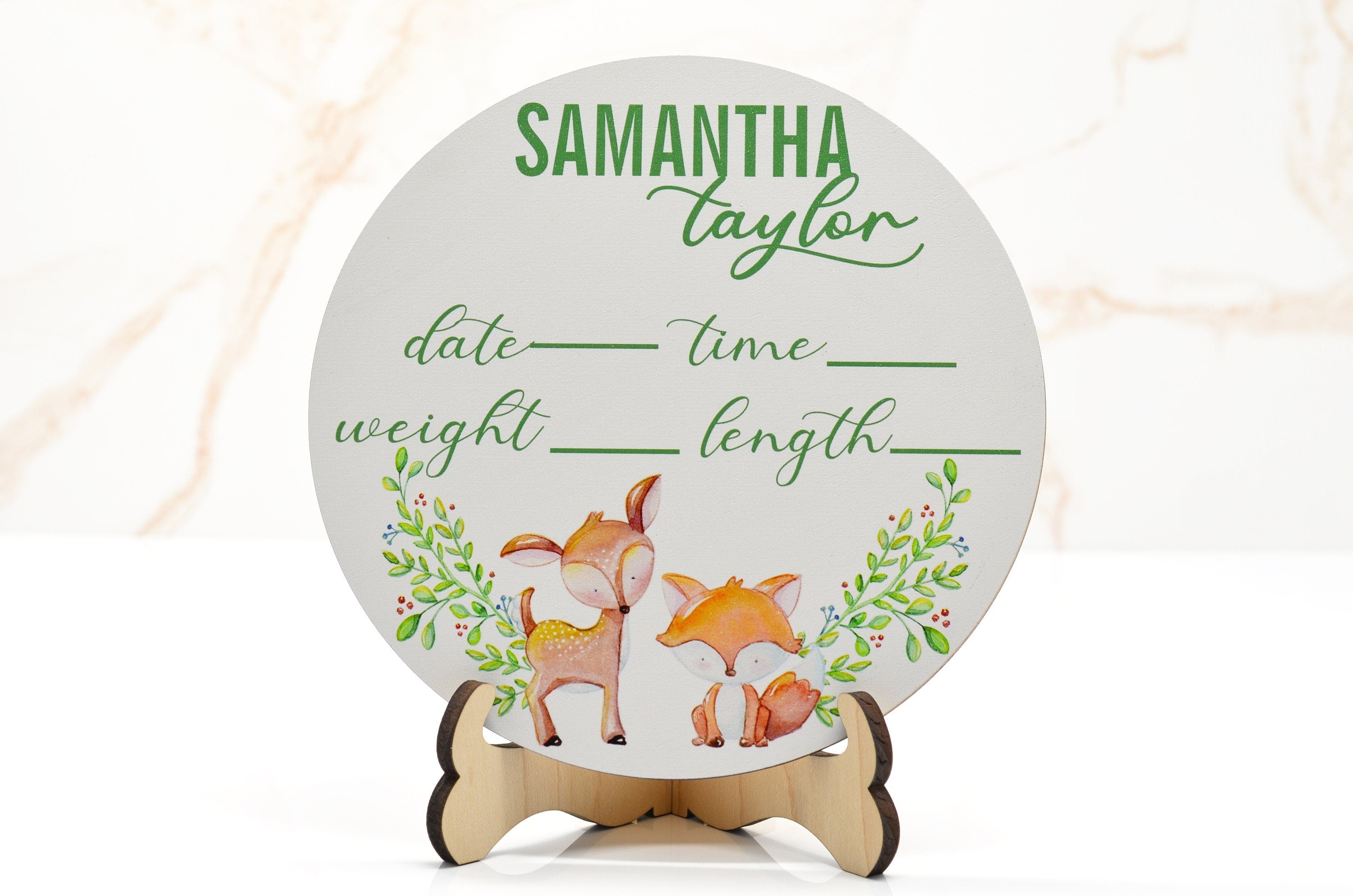 Deer & Fox Birth Announcement Sign for Hospital, Personalized Baby Sign with Birth Stat, Wooden Hospital Announcement Baby Name Sign