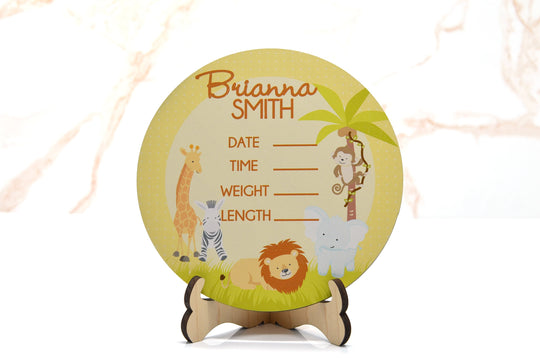 Jungle Safari Birth Announcement Sign for Hospital, Personalized Baby Sign with Birth Stats, Wooden Hospital Announcement Baby Name Sign