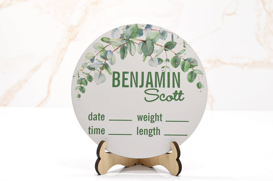 Greenery flowers Birth Announcement Sign for Hospital, Personalized Baby Sign with Birth Stats, Wooden Hospital Announcement Baby Name