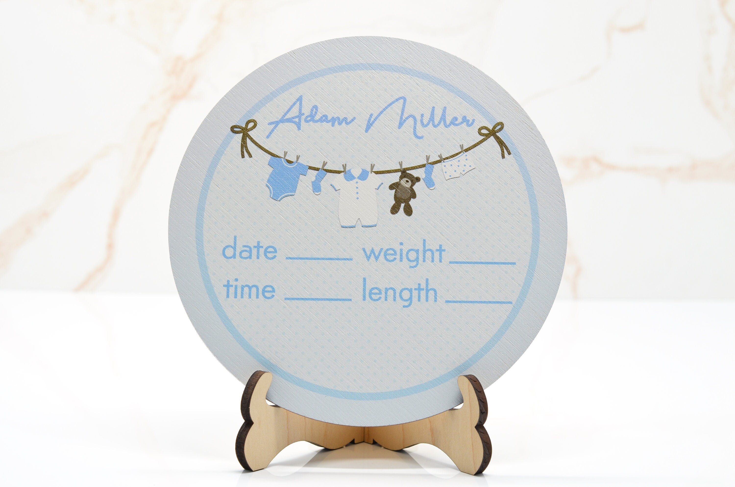 Clothesline Blue Birth Announcement Sign for Hospital, Personalized Baby Sign with Birth Stats, Wooden Hospital Announcement Baby Name Sign