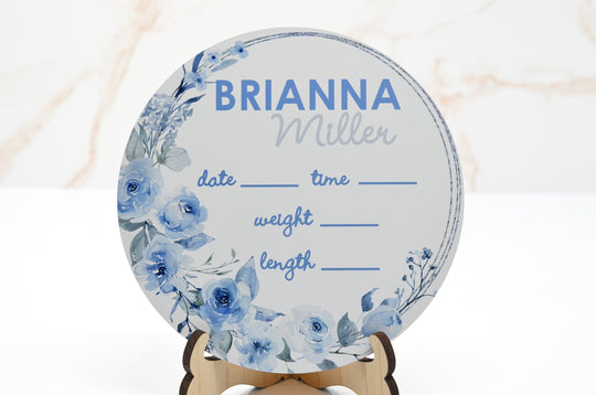 Boho Floral Blue Birth Announcement Sign for Hospital, Personalized Baby Sign with Birth Stat, Wooden Hospital Announcement Baby Name Sign