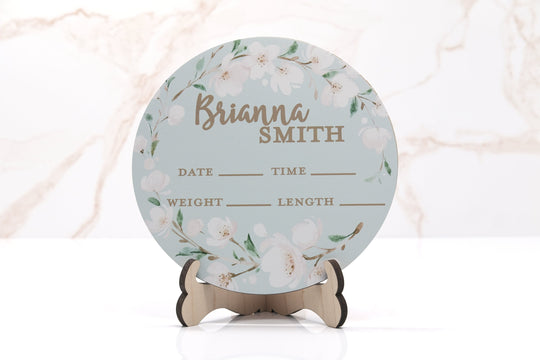 White Cherry Blossom Birth Announcement Sign for Hospital, Personalized Baby Sign with Birth Stats, Wooden Hospital Announcement Baby Name
