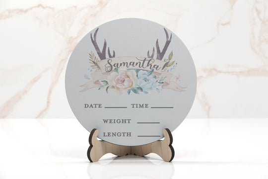 Flowers with Antlers Birth Announcement Sign for Hospital, Personalized Baby Sign with Birth Stats, Wooden Hospital Announcement Baby Name