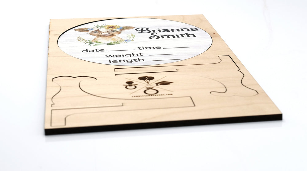 Flowers with Cow Birth Announcement Sign for Hospital, Personalized Baby Sign with Birth Stats, Wooden Hospital Announcement Baby Name
