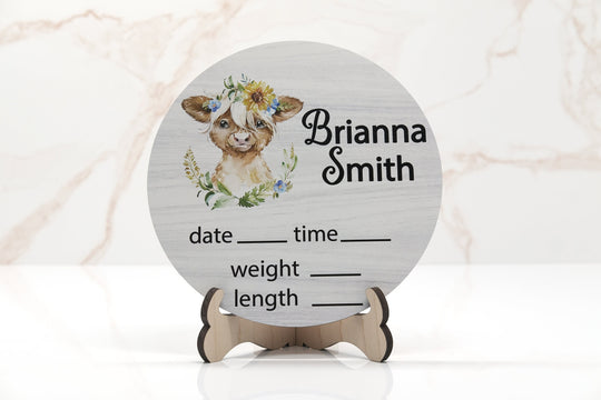Flowers with Cow Birth Announcement Sign for Hospital, Personalized Baby Sign with Birth Stats, Wooden Hospital Announcement Baby Name