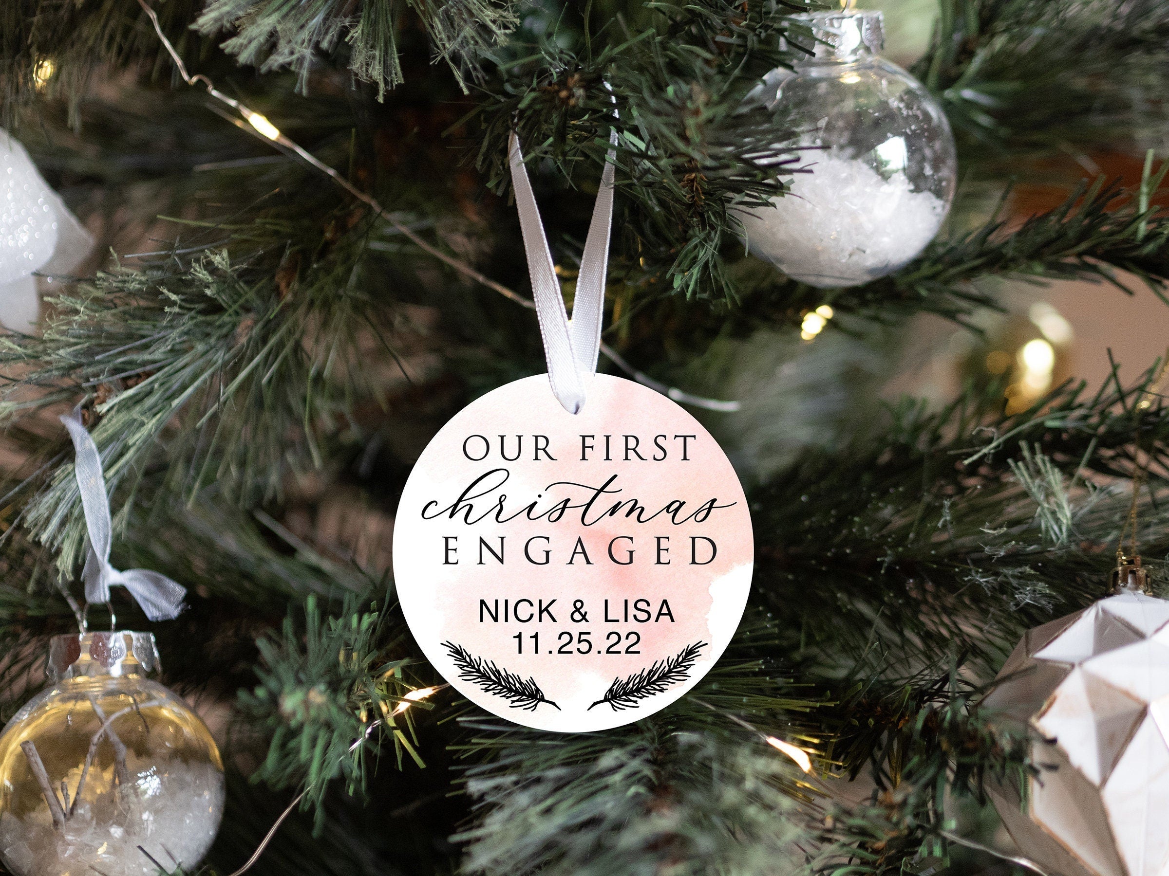 Personalized Engaged Christmas Ornament | Our First Christmas | Personalized Engagement Keepsake Ornament | First Christmas Engaged Pink