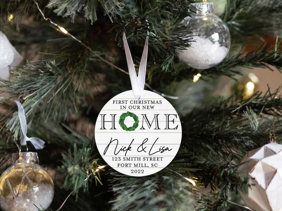 Personalized New Home Christmas Ornament | Our First Home Ornament | Christmas Wreath Ornament | Custom Family Keepsake | Shiplap Ornament