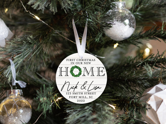Personalized New Home Christmas Ornament | Our First Home Ornament | Christmas Wreath Ornament | Custom Family Keepsake | Shiplap Ornament