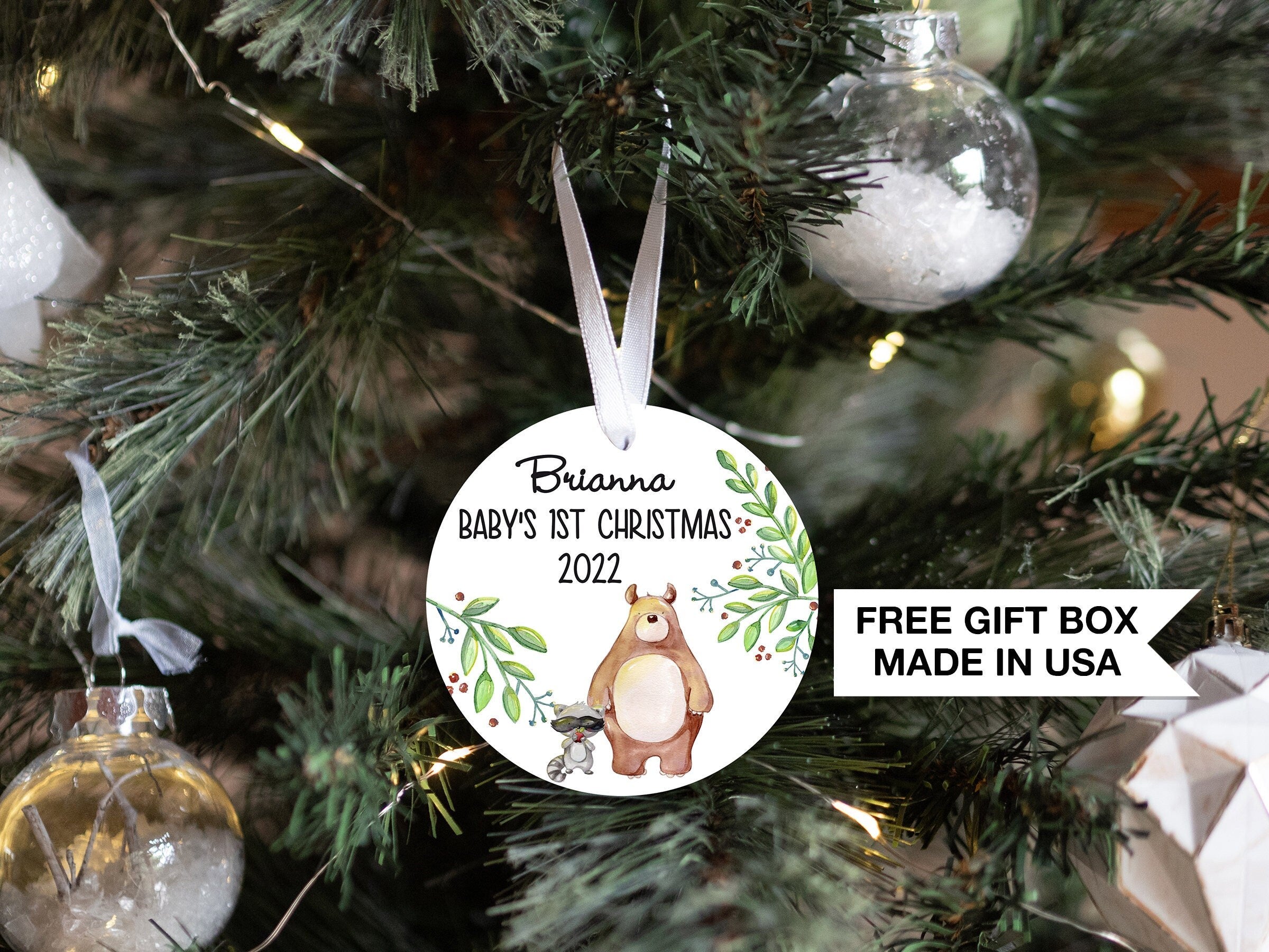 Personalized Woodland Baby's 1st Christmas Ornament, Watercolor Owl Gift