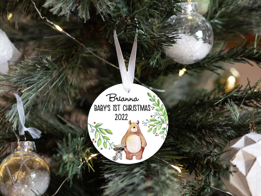 Personalized Bear & Racoon Woodland Baby's 1st Christmas Ornament, Baby First Christmas , Personalized Baby Christmas Ornament , Watercolor Bear & Racoon Gift