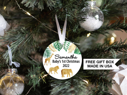 Personalized Jungle Safari Gold Baby's 1st Christmas Ornament| Baby First Christmas | Personalized Baby Christmas Ornament