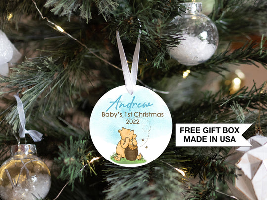 Winnie-The-Pooh Baby's 1st Christmas Ornament Baby Boy Blue | Baby First Christmas | Personalized Baby Christmas Ornament