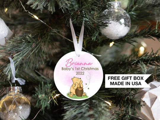 Winnie-The-Pooh Baby's 1st Christmas Ornament Baby Girl Pink | Baby First Christmas | Personalized Baby Christmas Ornament