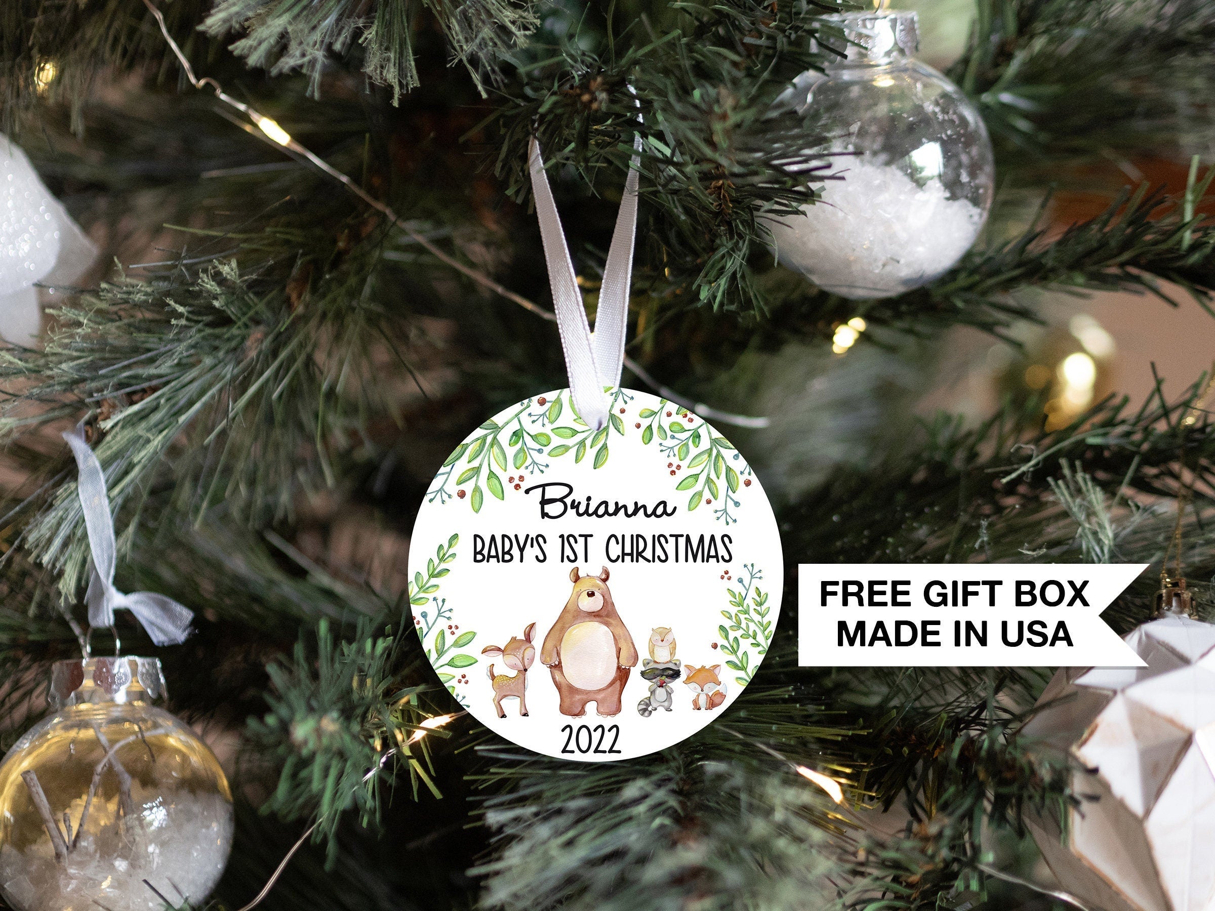 Personalized Woodland Baby's 1st Christmas Ornament| Baby First Christmas | Personalized Baby Christmas Ornament | Watercolor Bear Deer Gift