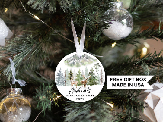 Personalized Deer Winter Wonderland Baby's 1st Christmas Ornament| Bear Baby First Christmas | Personalized Baby Mountain Christmas Ornament