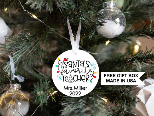 Personalized Santa's Favorite Teacher Keepsake Ornament , Teacher Appreciation Gift from Student ,  Custom Teacher Christmas Ornament