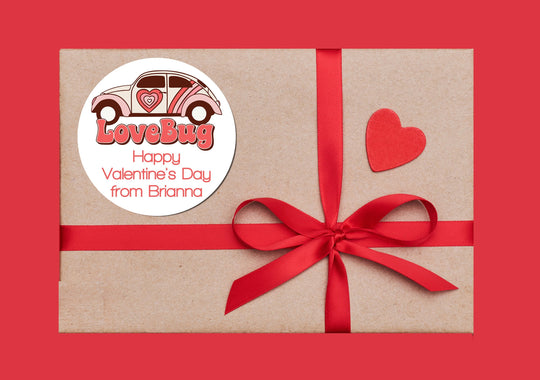 Love Bug Classic Bug Valentine's Day Stickers - Personalized Valentine Round Sticker Labels - Classroom Valentines for School