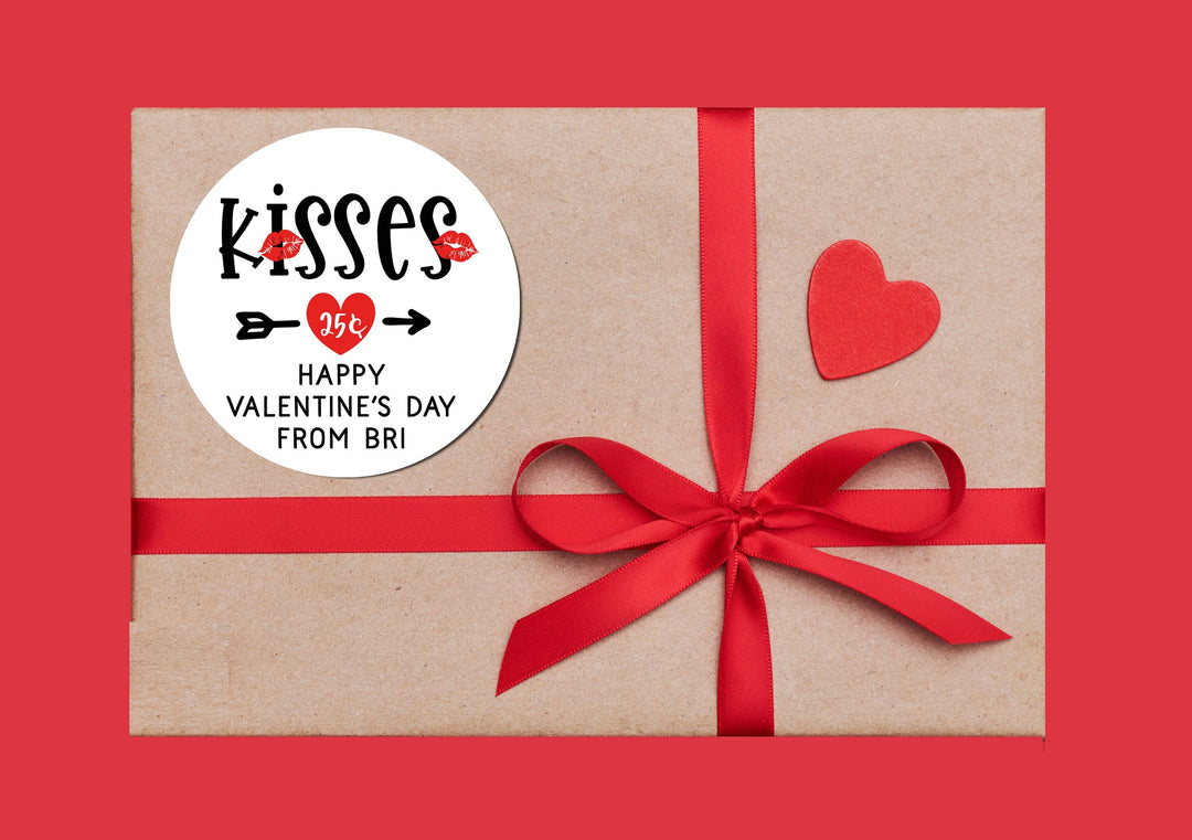 Kisses For Twenty Five Cents Chocolate Valentines Day Stickers - Personalized Valentine Sticker Labels - Classroom Valentines for School