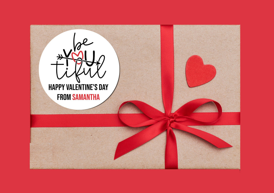 BeYoutiful Valentines Day Stickers - Personalized Valentine Round Sticker Labels - Classroom Valentines for School