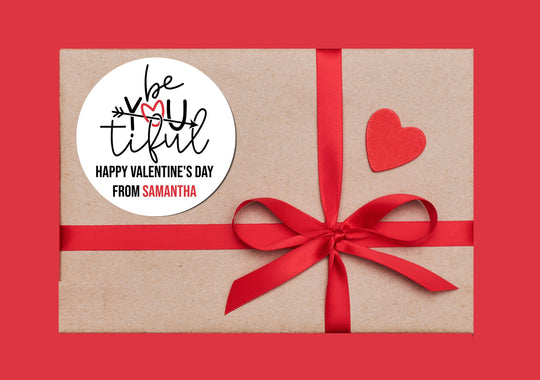BeYoutiful Valentines Day Stickers - Personalized Valentine Round Sticker Labels - Classroom Valentines for School