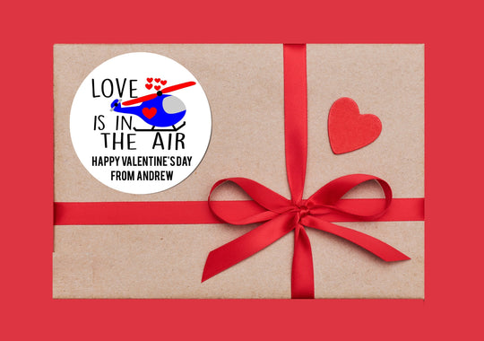 Love is in the Air Helicopter Valentines Day Stickers - Personalized Valentine Round Sticker Labels - Classroom Valentines for School