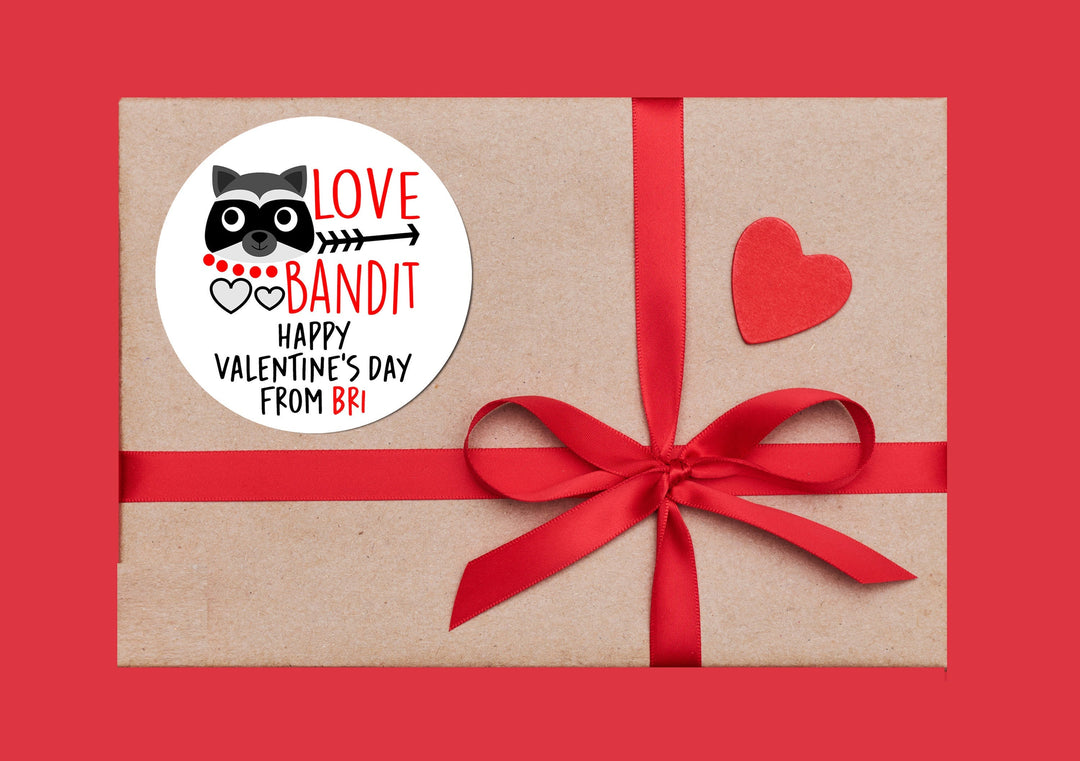 Love Bandit Valentines Day Stickers - Personalized Valentine Round Sticker Labels - Classroom Valentines for School
