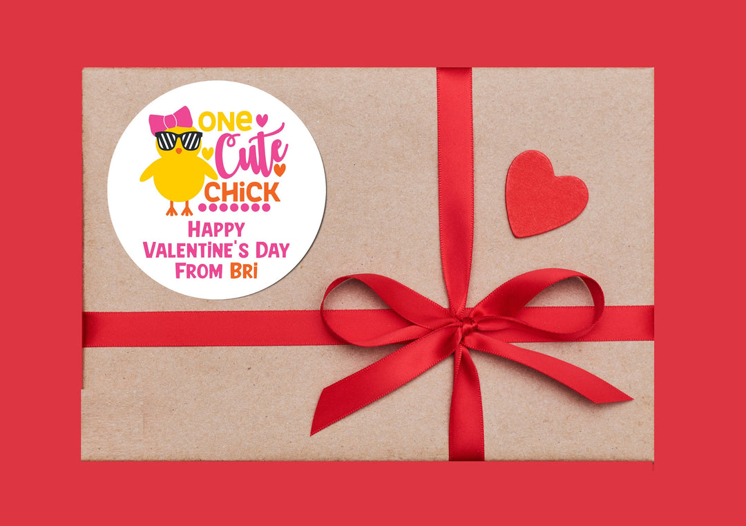 One Cute Chick Valentines Day Stickers - Personalized Valentine Round Sticker Labels - Classroom Valentines for School