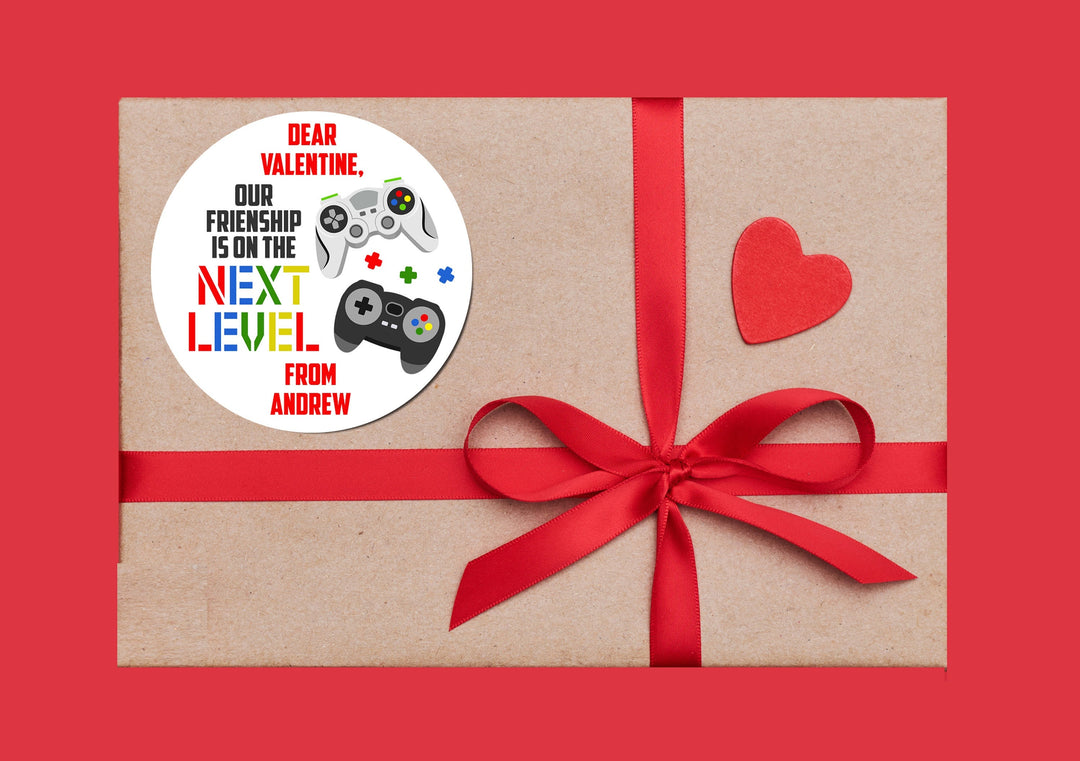 Next Level Video Gaming Valentine's Day Stickers - Personalized Valentine Round Sticker Labels - Classroom Valentines for School