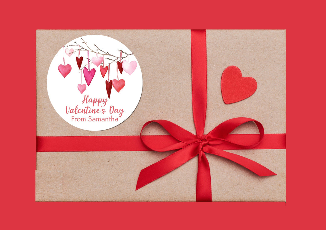 Watercolor Hearts on a branch - Happy Valentine's Day Personalized Stickers - Classroom Valentines for School