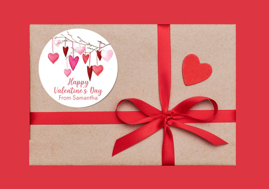 Watercolor Hearts on a branch - Happy Valentine's Day Personalized Stickers - Classroom Valentines for School