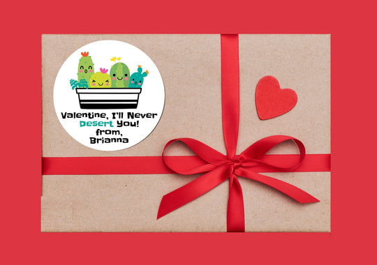 I Will Never Desert You Cactus Valentines Day Stickers - Personalized Valentine Round Sticker Labels - Classroom Valentines for School