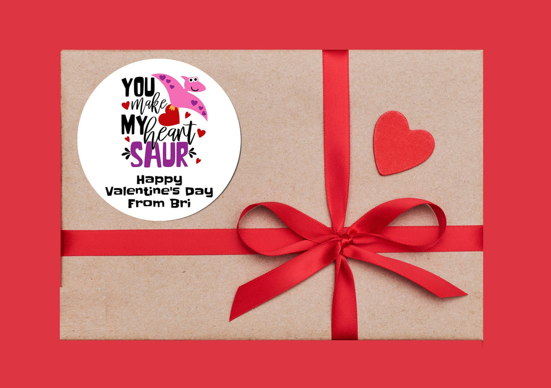 You Make My Heart Saur Dinosaur Valentines Day Stickers - Personalized Valentine Round Sticker Labels - Classroom Valentines for School