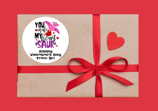 You Make My Heart Saur Dinosaur Valentines Day Stickers - Personalized Valentine Round Sticker Labels - Classroom Valentines for School