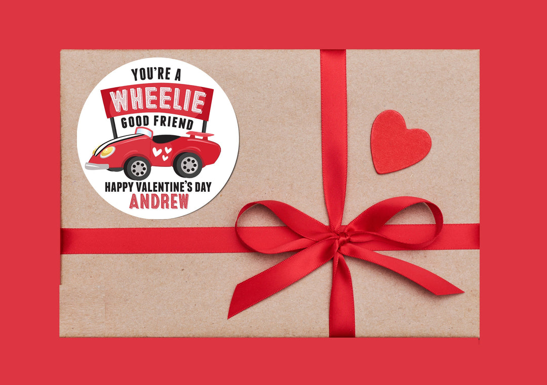 You're a wheelie good friend Valentines Day Stickers - Personalized Valentine Round Sticker Labels - Classroom Valentines for School