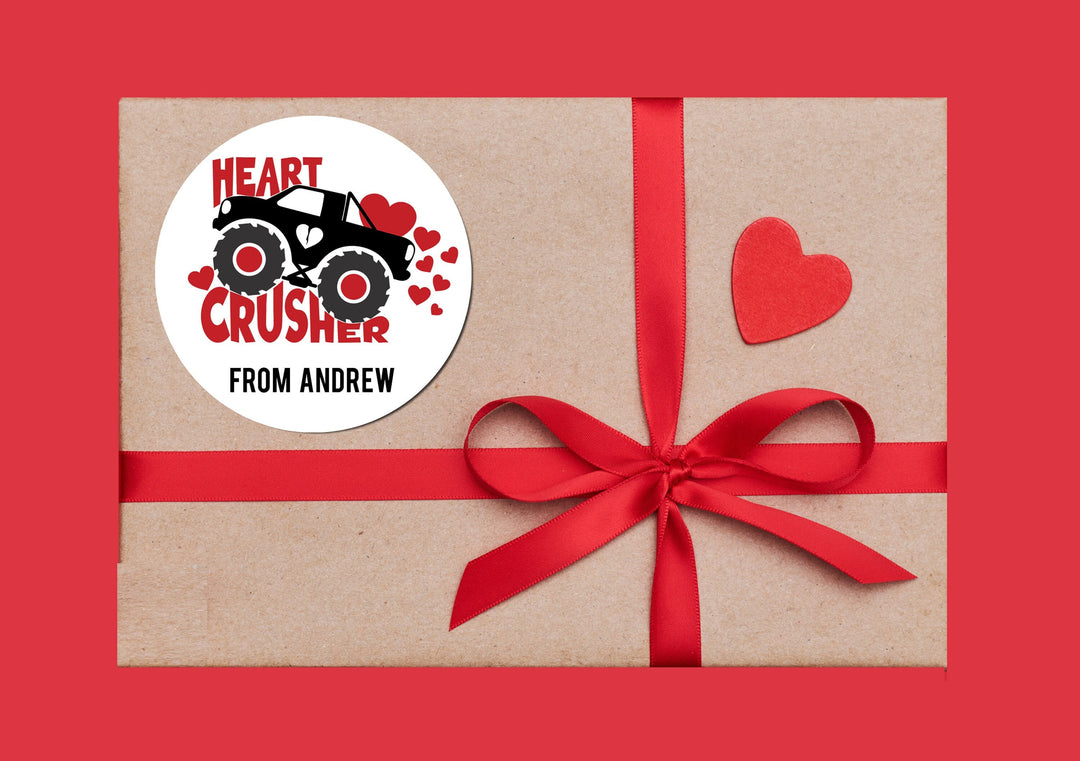 Heart Crusher Truck Valentine's Day Stickers - Personalized Valentine Round Sticker Labels - Classroom Valentines for School