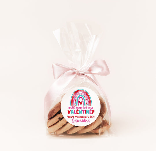 Rainbow Valentines Day Stickers - Personalized Will you be my Valentine Round Sticker Labels - Classroom Valentines for School
