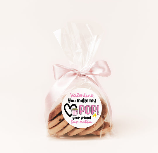 You Make My Heart Pop Valentines Day Stickers - Personalized Popcorn Pink Valentine Round Sticker Labels - Classroom Valentines for School
