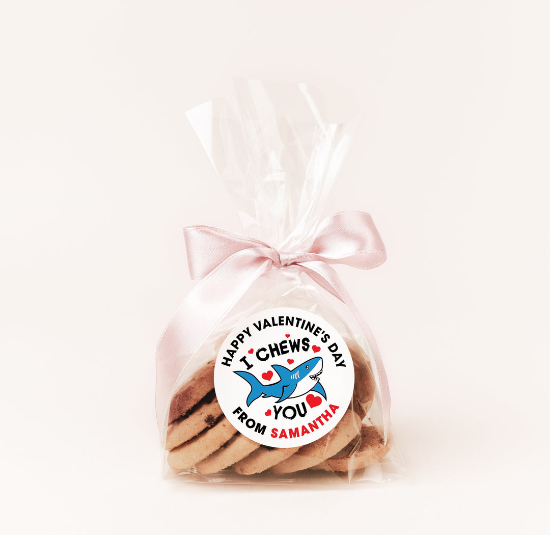 I Chew You Shark Valentines Day Stickers - Personalized Valentine Round Sticker Labels - Classroom Valentines for School