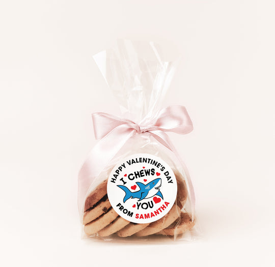 I Chew You Shark Valentines Day Stickers - Personalized Valentine Round Sticker Labels - Classroom Valentines for School