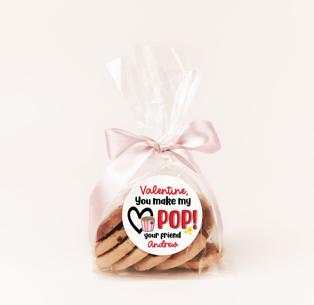 You Make My Heart Pop Valentines Day Stickers - Personalized Popcorn Red Valentine Round Sticker Labels - Classroom Valentines for School