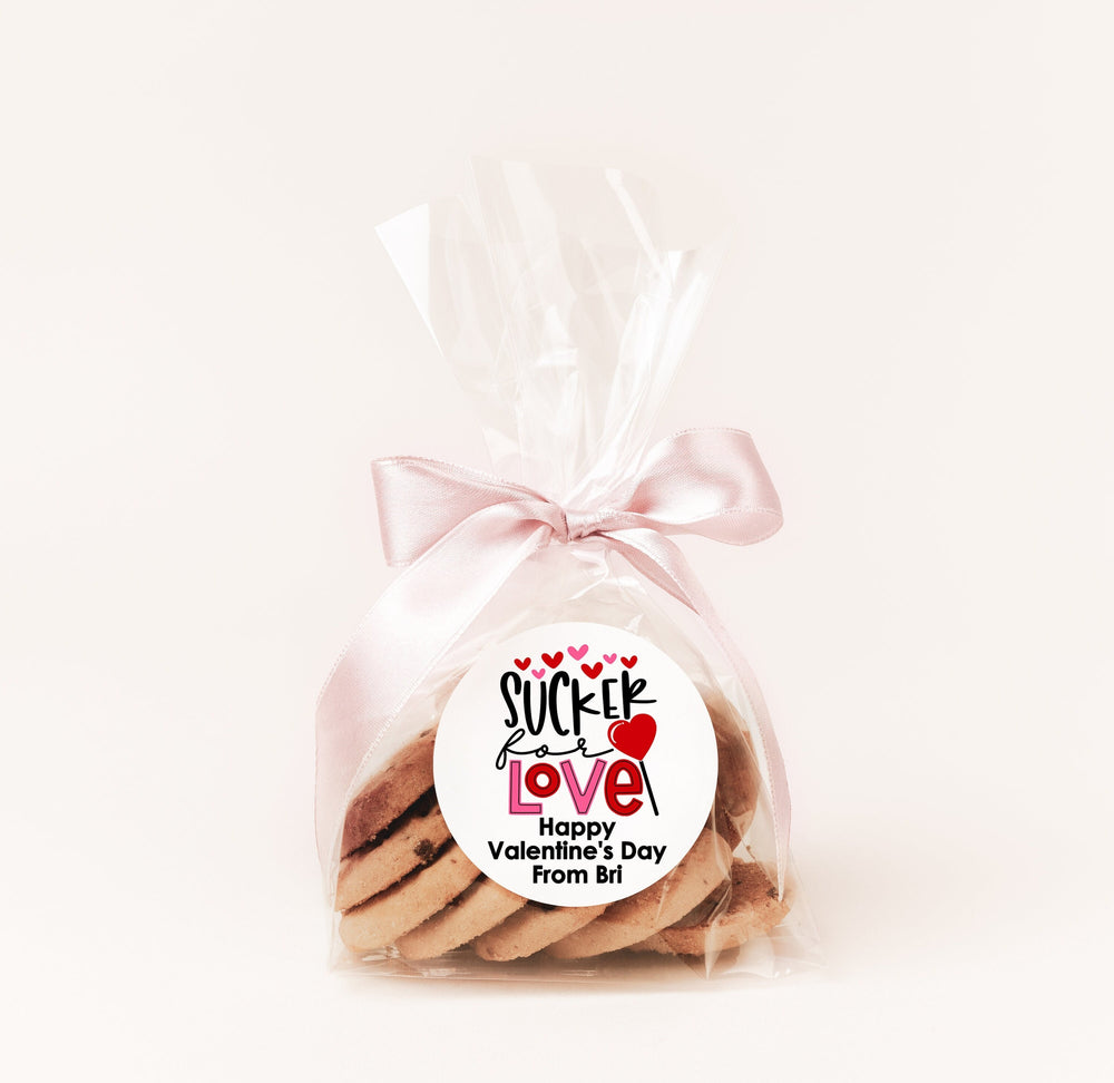 Sucker For You Valentines - Personalized Valentine Round Sticker Labels - Classroom Valentines for School
