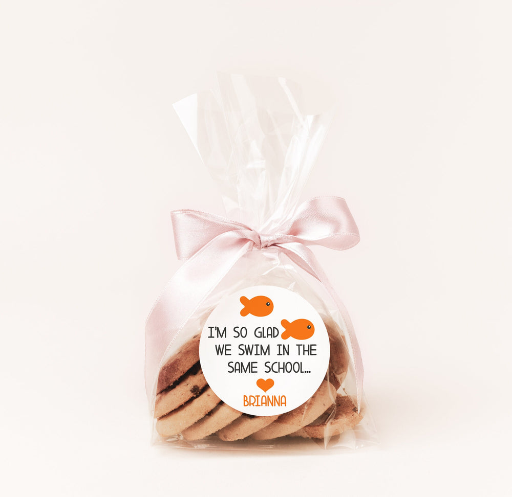 So Glad We Swim In The Same School Goldfish - Personalized Valentine Round Sticker Labels - Classroom Valentines for School