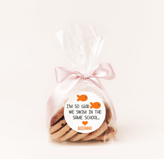 So Glad We Swim In The Same School Goldfish - Personalized Valentine Round Sticker Labels - Classroom Valentines for School